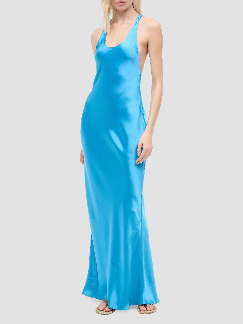 STAUD Juanita Satin Racerback Bias Cut Blue Gown Maxi Dress